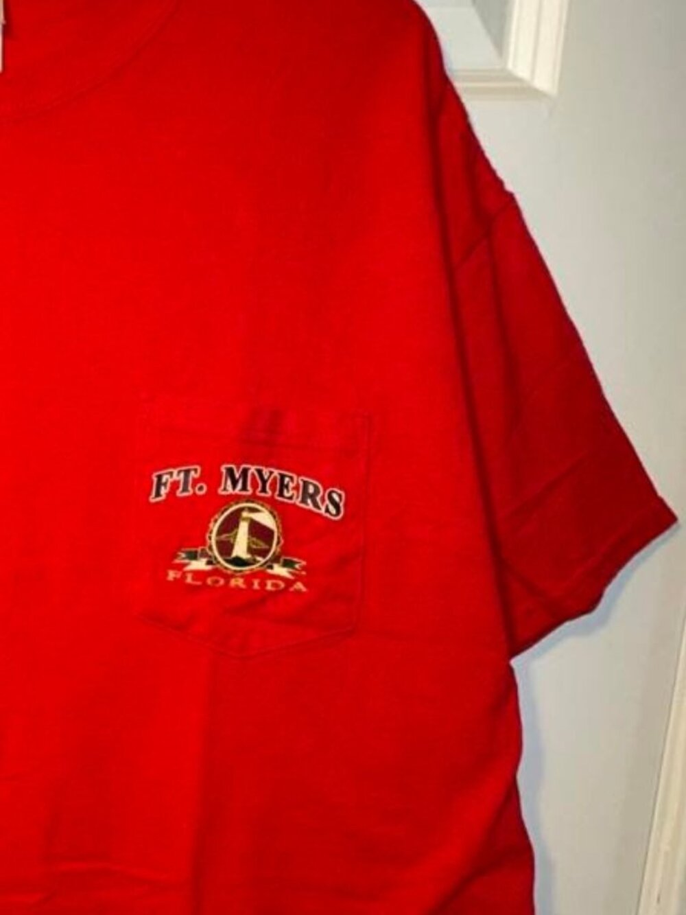 Gildan Ft. Myers Florida Lighthouse Pocket T-Shirt Red Cotton Mens XL